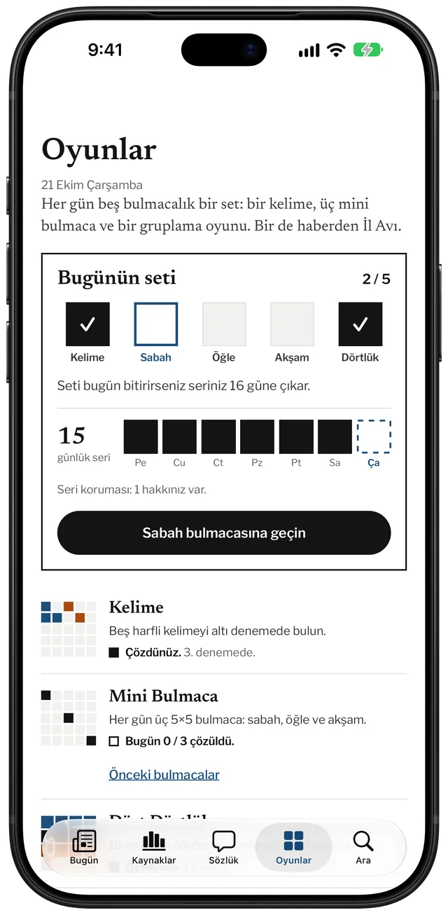 Oyunlar: bugünün seti ve seri